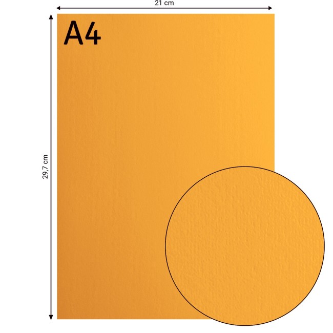 Cardstock lisse Florence A4 Grapefruit 008, format 21 x 29,7 cm et gros plan sur la surface lisse