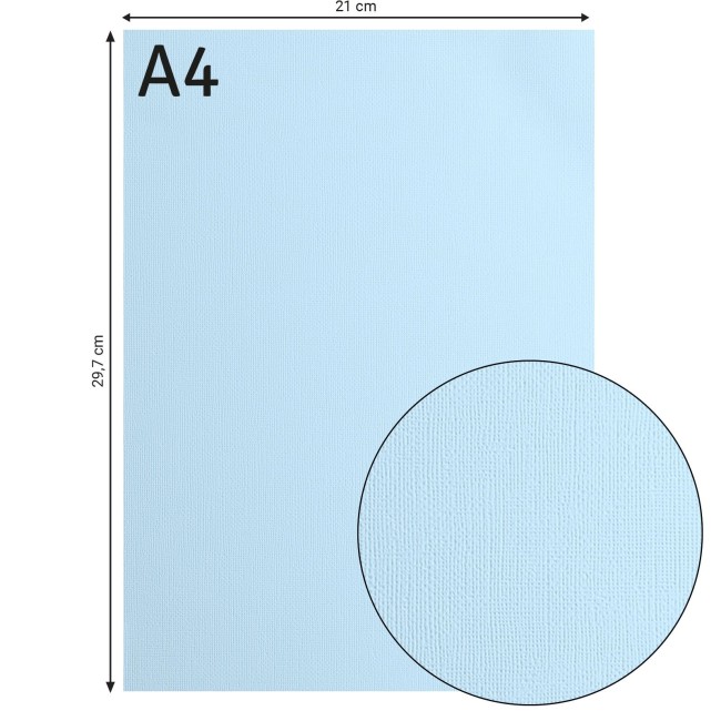 Cardstock texturé Florence A4 Glacier 046, format 21 x 29,7 cm et gros plan sur le grain toilé