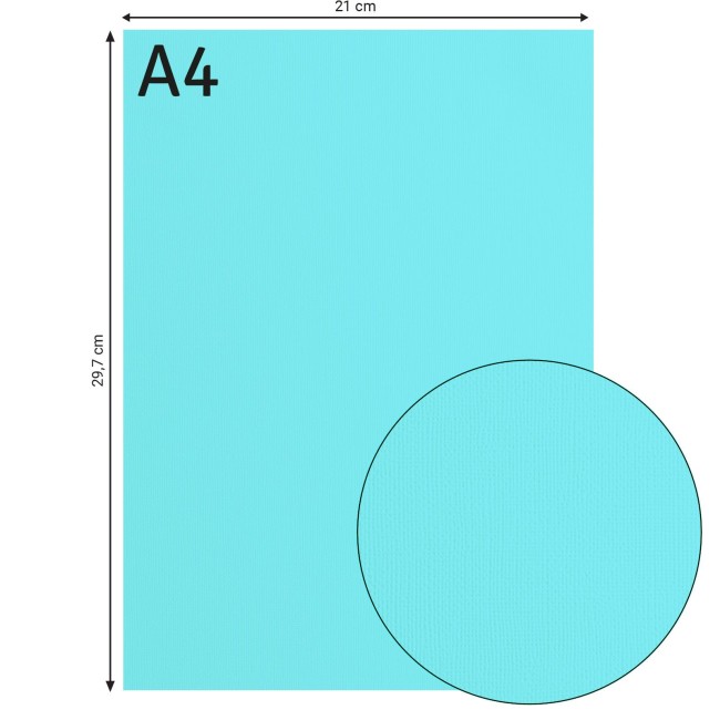 Florence • Cardstock texturé A4 Sky 044 — format et texture Cardstock texturé Florence A4 Sky 044, format 21 x 29,7 cm et gros plan sur le grain toilé