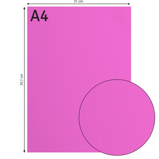 Cardstock texturé Florence A4 Fuchsia 037, format 21 x 29,7 cm et gros plan sur le grain toilé