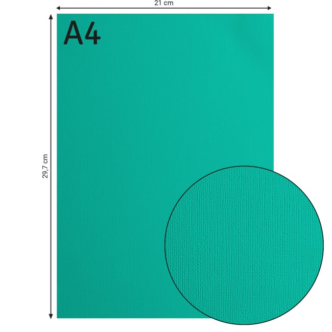 Florence • Cardstock texturé A4 Spa 060 — format et texture Cardstock texturé Florence A4 Spa 060, format 21 x 29,7 cm et gros plan sur le grain toilé