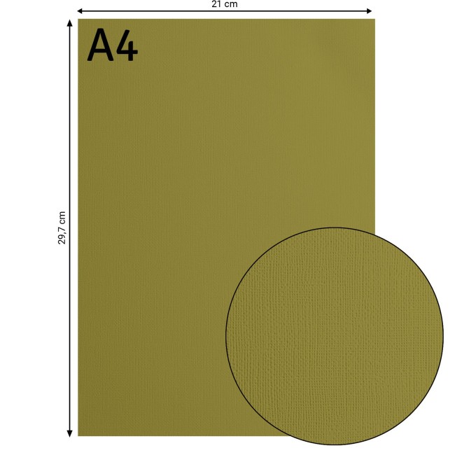 Cardstock texturé Florence A4 Acacia 079, format 21 x 29,7 cm et gros plan sur le grain toilé