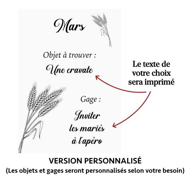 Jeu des 12 mois - Animation mariage - Motif noir et blanc Epi de blé - EP7