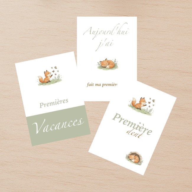 Cartes Etapes bébé - Souvenir photo - 1ère année ou 1ère fois de bébé - Motif petits renards - EP3