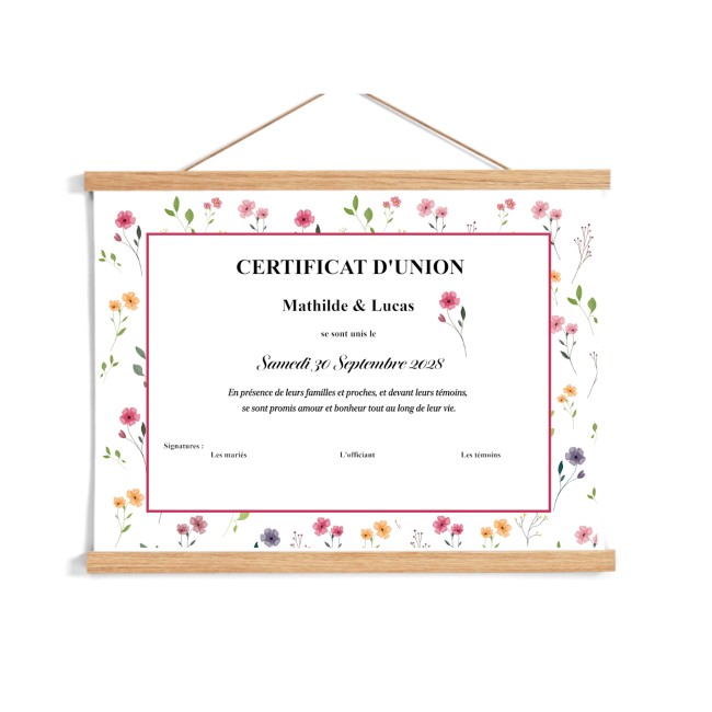 Certificat de mariage ou d'union pour cérémonie laïque - Motif petites fleurs des champs - EP3