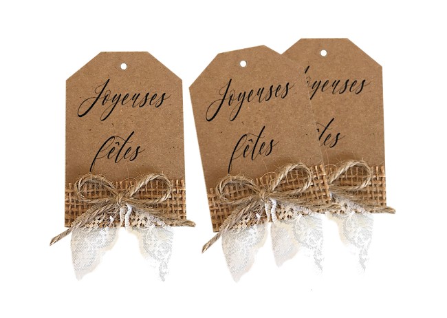 Etiquettes  Joyeuses fêtes - Emballage cadeau Noël - Lot de 8 - Kraft naturel, jute et dentelle - ep5