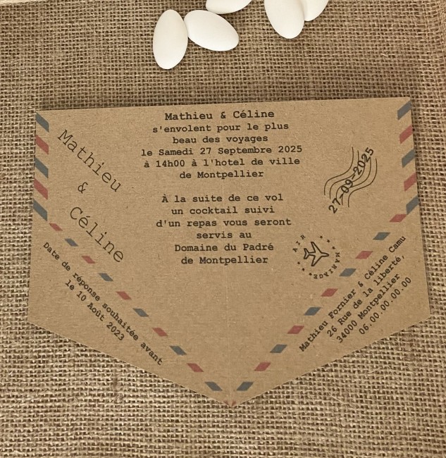 Faire-part , Invitation de Mariage Thème voyage, Destination - Invitation Origami avion - Kraft naturel - EPD