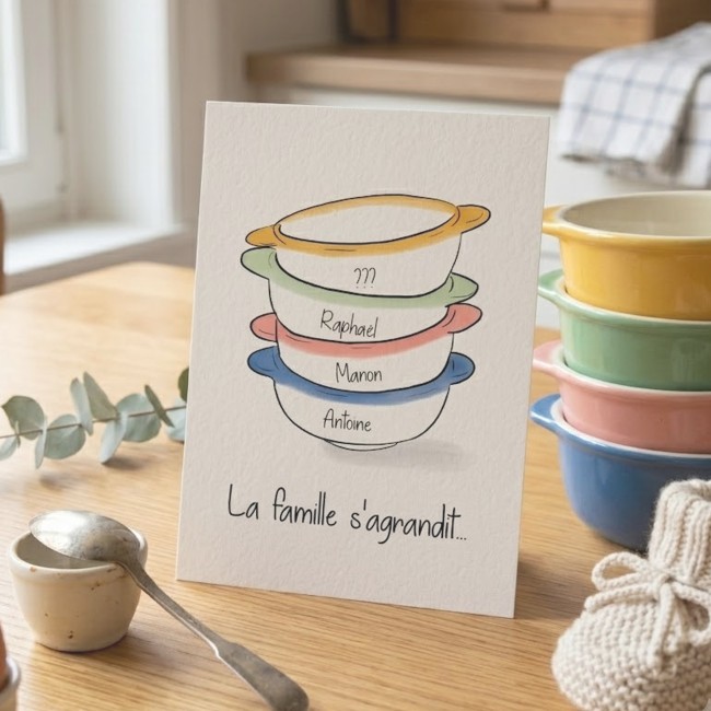 Carte annonce grossesse originale - La famille s'agrandit - Motifs Petits bols Bretons - EP8