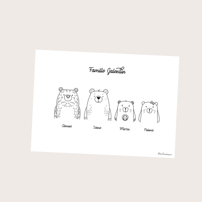 Affiche Famille personnalisée - Famille ours - Décoration murale enfantine minimaliste noir et blanc - Cadeau personnalisé - ep4