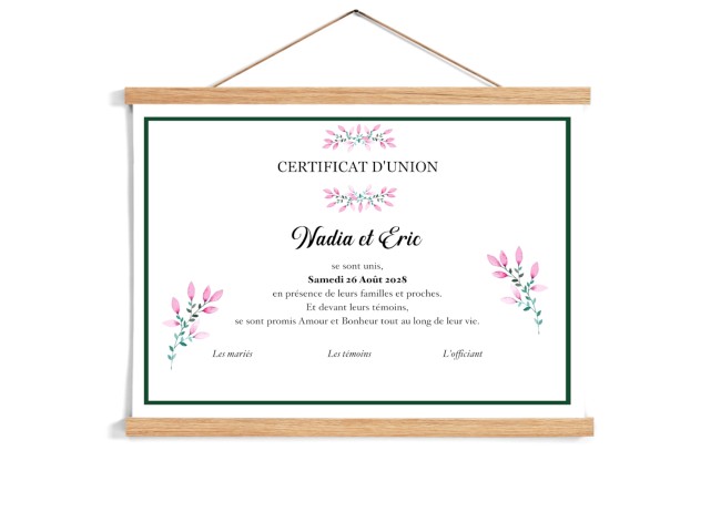 Certificat de mariage ou d'union personnalisé - cérémonie Laïque - mariage champêtre - Modèle Romance fleurie - epa