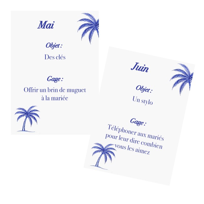Jeu des 12 mois - Gages mariage, Animation mariage style Plage et tropiques - Palmier bleu - CHIC AZUREEN - epb Jeu des 12 mois - Gages mariage, Animation mariage style Plage et tropiques - Palmier bleu - CHIC AZUREEN - epb