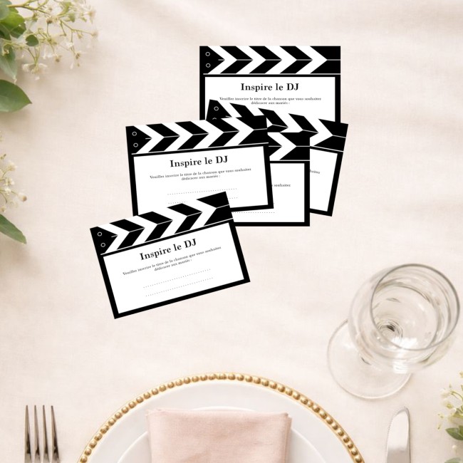 Dédicaces chansons aux marié(e)s - lot de 10 Cartes - Animation mariage - Motif Clap de cinéma - ep2 Dédicaces chansons aux marié(e)s - lot de 10 Cartes - Animation mariage - Motif Clap de cinéma - ep2