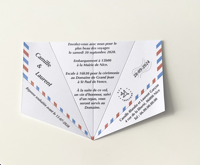 Faire-part de Mariage Thème voyage, Destination - Invitation style Origami avion _ EPD