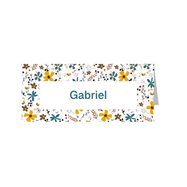 Marque-Places, décoration de table - Style liberty - Petites fleurs bleues et jaunes - EPE