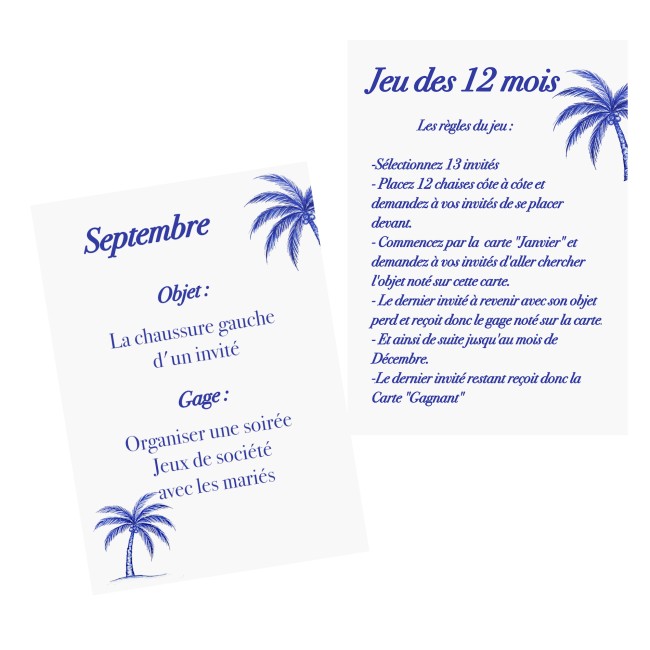 Jeu des 12 mois - Gages mariage, Animation mariage style Plage et tropiques - Palmier bleu - CHIC AZUREEN - epa Jeu des 12 mois - Gages mariage, Animation mariage style Plage et tropiques - Palmier bleu - CHIC AZUREEN - epa