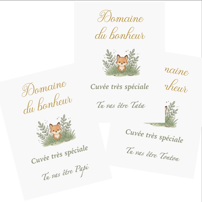 Etiquette autocollante personnalisée pour bouteille - Annonce grossesse / Demande parrain marraine - Renard - EP5