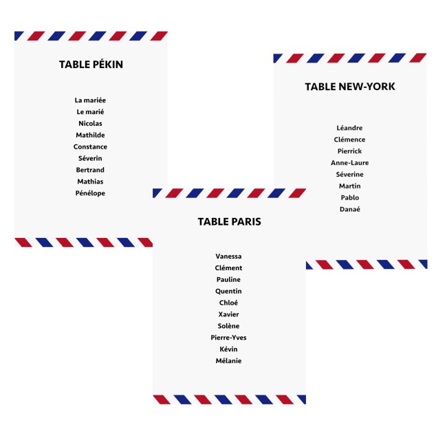 Carte Plan de table personnalisée pour mariage ou anniversaire - Thème Voyage, Destination - Style billet d'avion - EPC