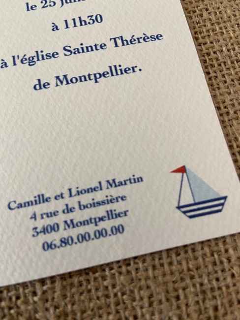 Faire part de naissance ou Invitation Baptême  - Style marin - Motif Petit Bateau - EP4