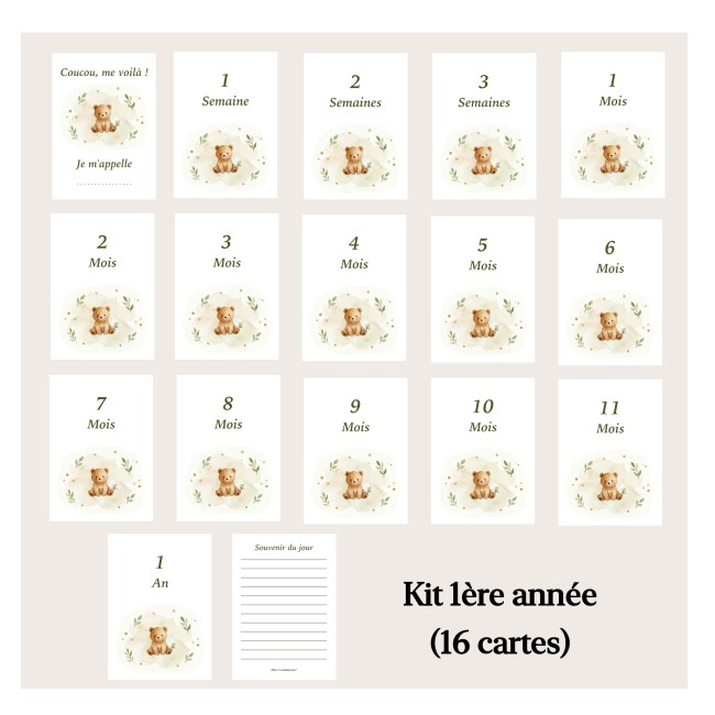 Cartes Etapes bébé - Souvenir photo - 1ère année ou 1ère fois de bébé - Motif Ourson - EP7