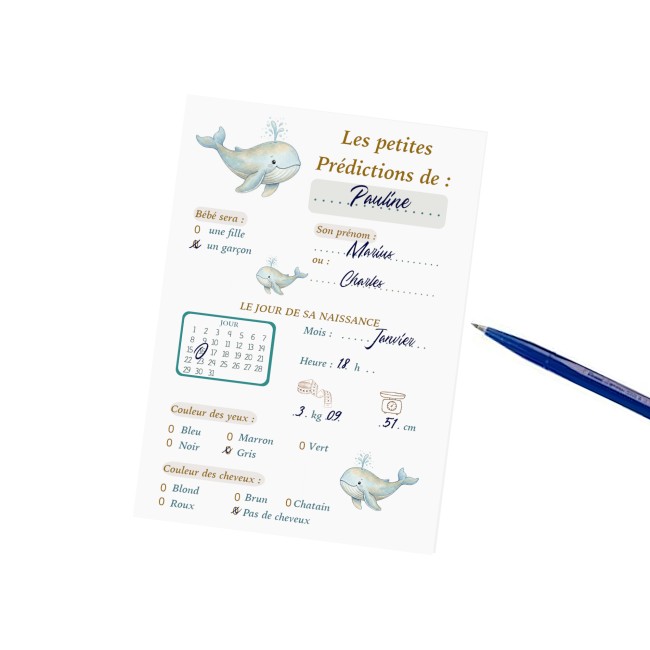 Carte prédiction naissance, Pronostiques, aninmation baby shower et gender reveal - Motif Baleine - EPC Carte prédiction naissance, Pronostiques, aninmation baby shower et gender reveal - Motif Baleine - EPC