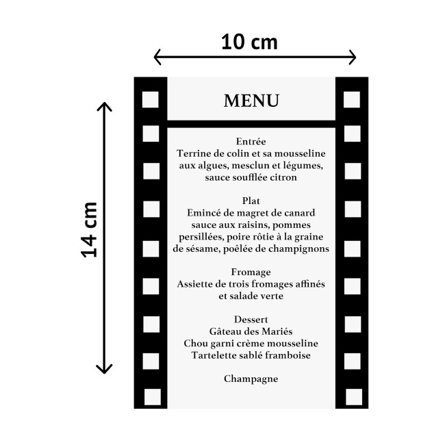 Carte Menu personnalisée pour mariage ou anniversaire - Thème cinéma - Motif négatif photo - EPC