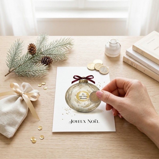 Carte à Gratter Personnalisée – Annonce grossesse Surprise - Motif Boule de Noël - EP2