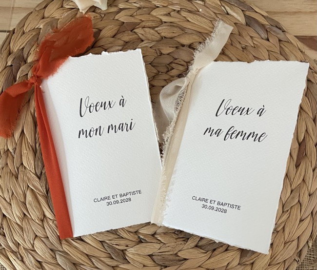 Livret de voeux mariage personnalisé, Carnet de mariage - Livret souvenir mariés - Papier effet déchiré Noeud mousseline - EPD