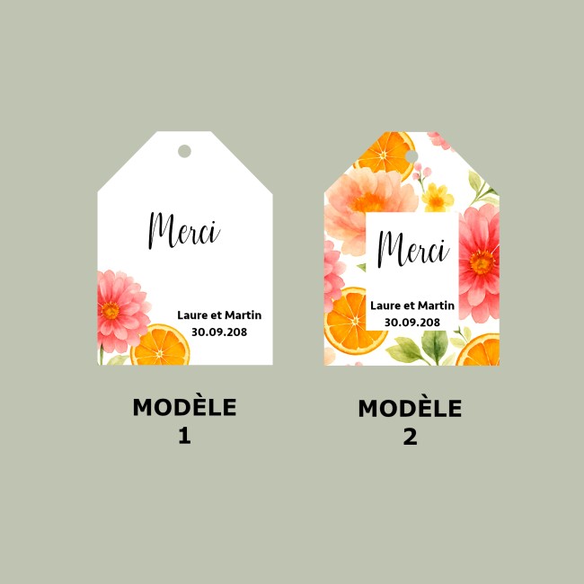 Etiquette MERCI - Mariage Florale - Motif agrumes, Modèle Orange florale - epD