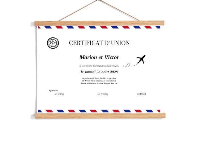 Certificat de mariage ou d'union pour cérémonnie laïque, Mariage thème Destination/voyage - Style Billet d'avion - EPA