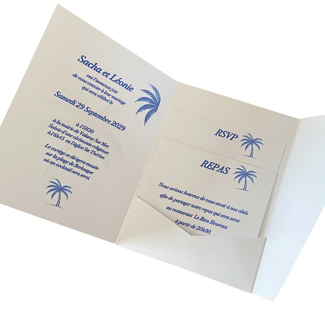 Faire-part Pochette pour mariage thème Plages et Tropiques - Motif palmier bleu - Modèle Chic Azuréen - EP4