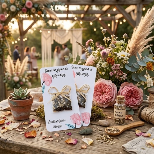 Cadeaux invités personnalisés - Graines à semer - Mariage bohème - Motif Pivoine _ EP5