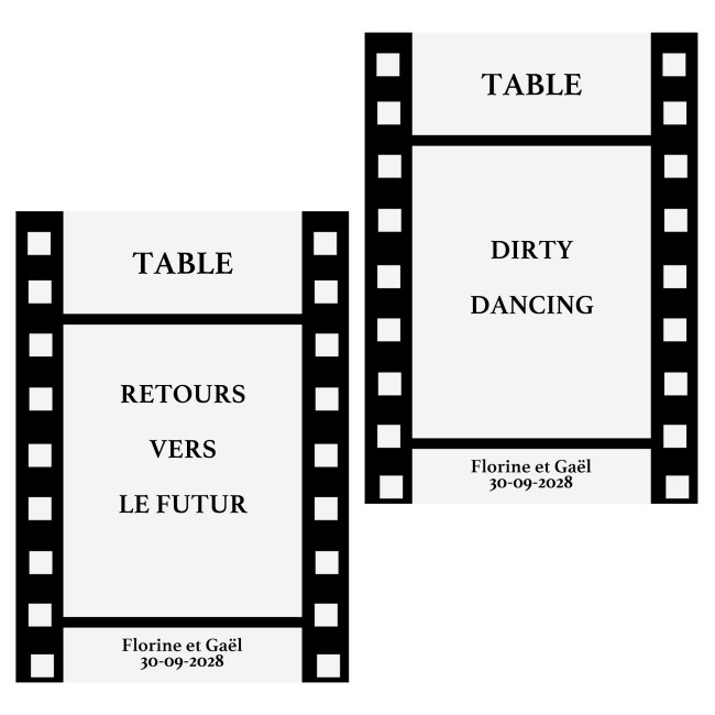 CARTE NOM DE TABLE PERSONNALISÉE POUR MARIAGE OU ANNIVERSAIRE THÈME CINÉMA - TITRE DE FILM PERSONNALISÉ - epB CARTE NOM DE TABLE PERSONNALISÉE POUR MARIAGE OU ANNIVERSAIRE THÈME CINÉMA - TITRE DE FILM PERSONNALISÉ - epB