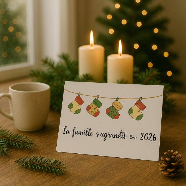 Carte annonce grossesse Personnalisée - Cadeau de Noël original - Motifs Chaussettes de noël  - Ep1
