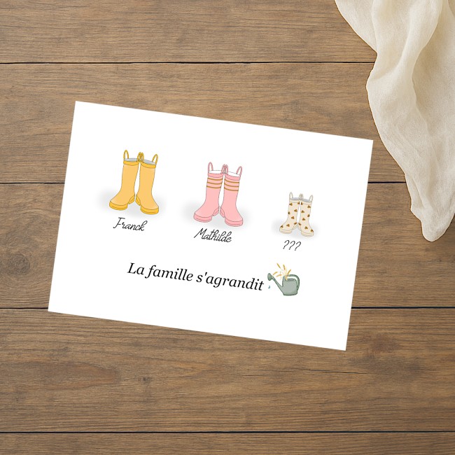 Carte annonce grossesse personnalisée - Motifs Bottes de pluie style aquarelle - ep3