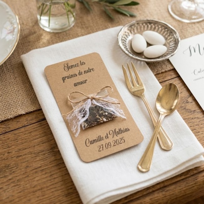 Graines à semer - Cadeaux remerciements invités personnalisés pour Mariage style champêtre, bohème - Modèle Kraft et dentelle - EPE