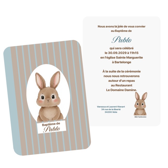 Faire-part de Naissance ou Invitation de Baptême personnalisé - Motif Petit Lapin - EP3 Faire-part de Naissance ou Invitation de Baptême personnalisé - Motif Petit Lapin - EP3