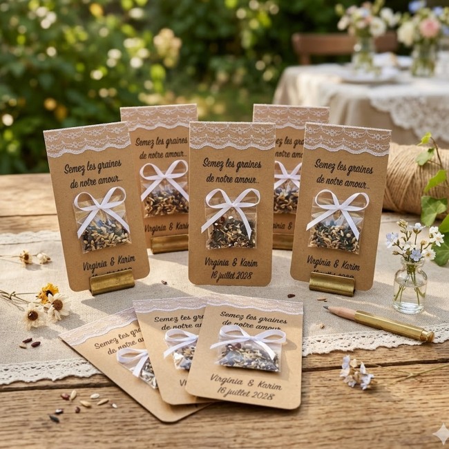 Cadeaux invités personnalisés pour mariage - Graines à semer - Champêtre, bohème - MODÈLE  Kraft, Dentelle et satin - EPE