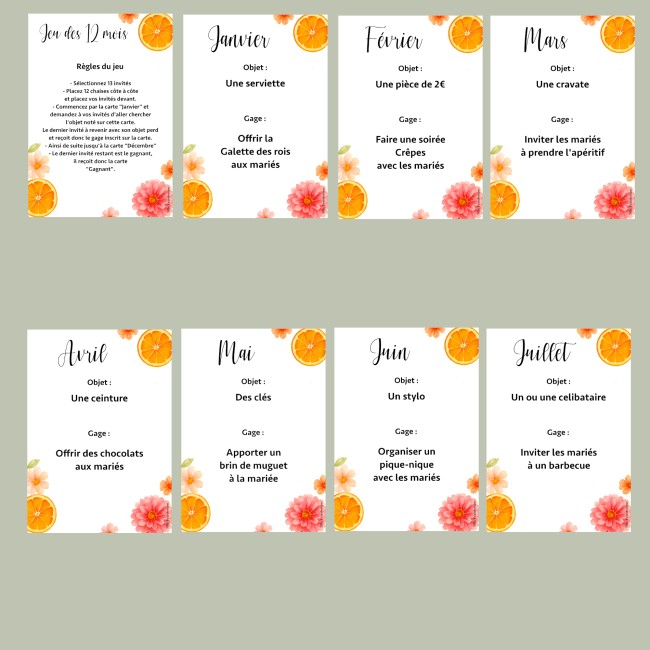 Jeu des 12 mois - Gages mariage, Animation mariage style Bohème, champêtre - Modèle Orange florale - EP2
