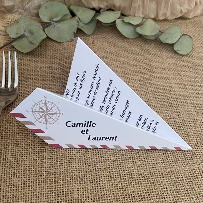 Menu origami avion pour mariage ou anniversaire Thème Destination / Voyage - motif Rose des vents -EPA