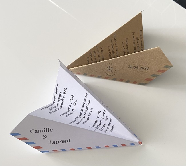 Faire-part de Mariage Thème voyage, Destination - Invitation style Origami avion _ EPF