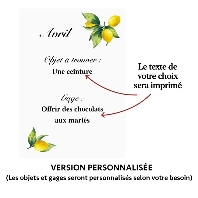 Jeu des 12 mois pour animation de mariage, motif agrume Citron, Animation mariage - EP6