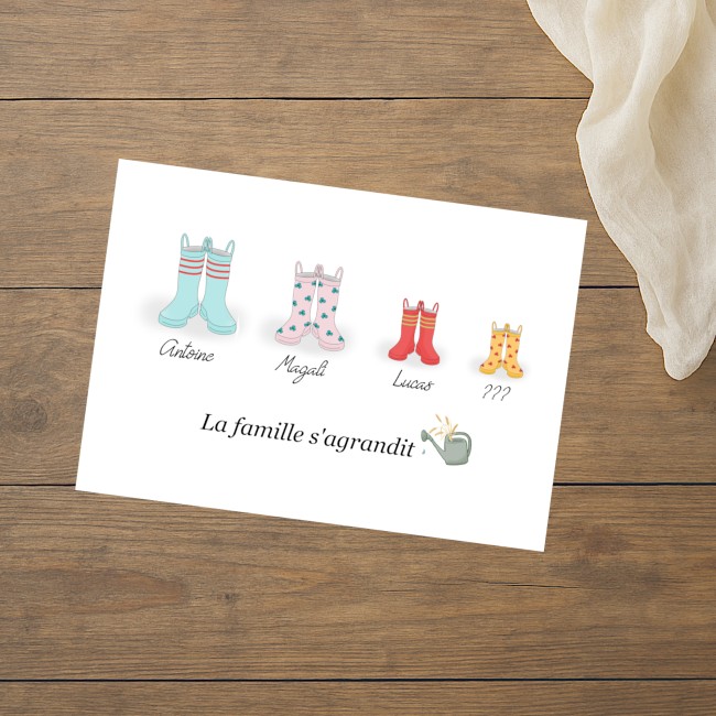 Carte annonce grossesse personnalisée - Motifs Bottes de pluie style aquarelle - ep2