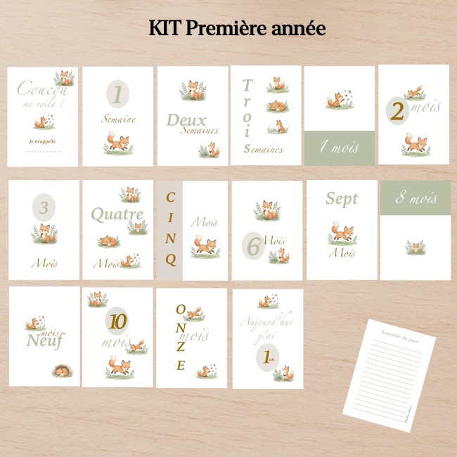 Cartes Etapes bébé - Souvenir photo - 1ère année ou 1ère fois de bébé - Motif petits renards - EP4