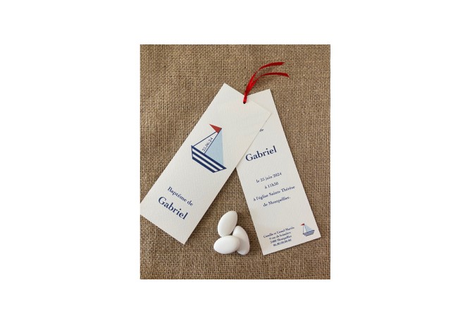 Invitation Baptême OU Faire-part de naisannce  - Thème Marin - Motif Petit Bateau bleu et rouge - EPB