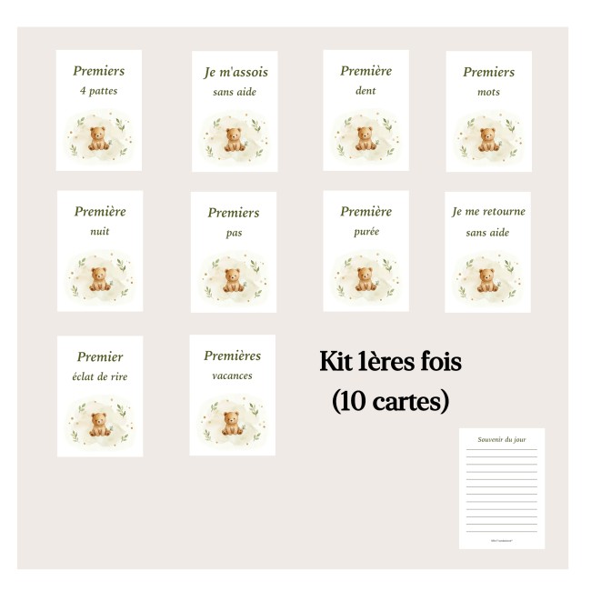 Cartes Etapes bébé - Souvenir photo - 1ère année ou 1ère fois de bébé - Motif Ourson - EP8