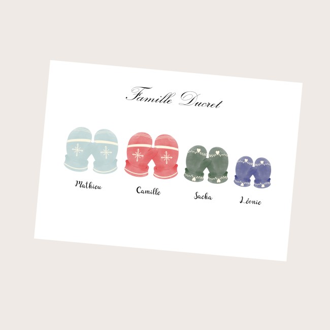 Affiche Famille personnalisée -Décoration de Noël personnalisé -  Cadeau de Noël Motif Aquarelle Moufles - EP4