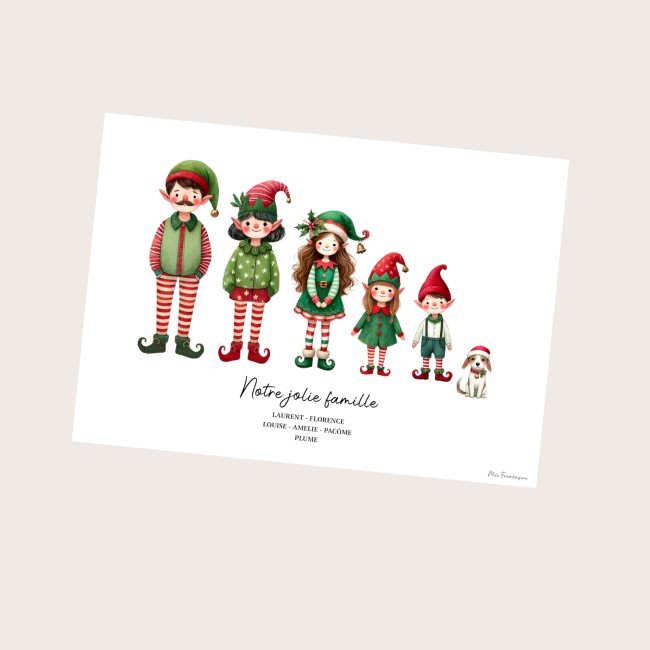 Affiche Famille personnalisée -Décoration de Noël personnalisé -  Cadeau de Noël Motif LUTINS - EPC