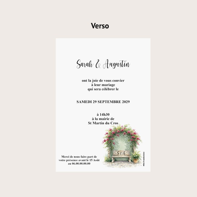 Faire-part de mariage champêtre romantique - Carte Invitation - Le banc des amoureux - EPC