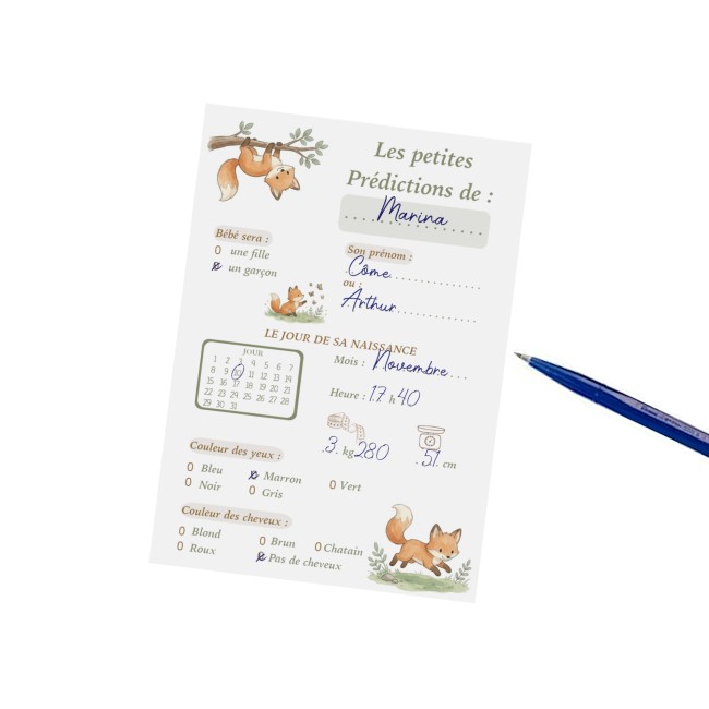 Carte prédiction naissance, Pronostiques, aninmation baby shower et gender reveal - Motif Petit renard - EP3