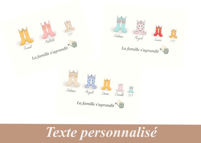Carte annonce grossesse personnalisée - Motifs Bottes de pluie style aquarelle - ep4